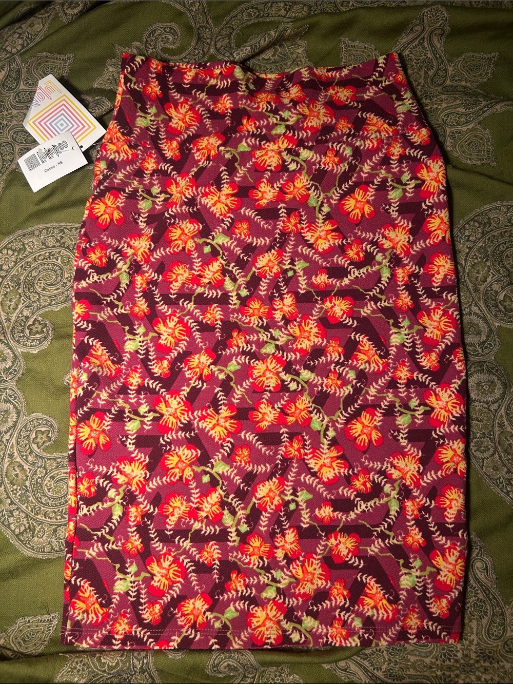 LuLaRoe Burgundy Pencil Skirt with Red, Yellow & Green Floral Print